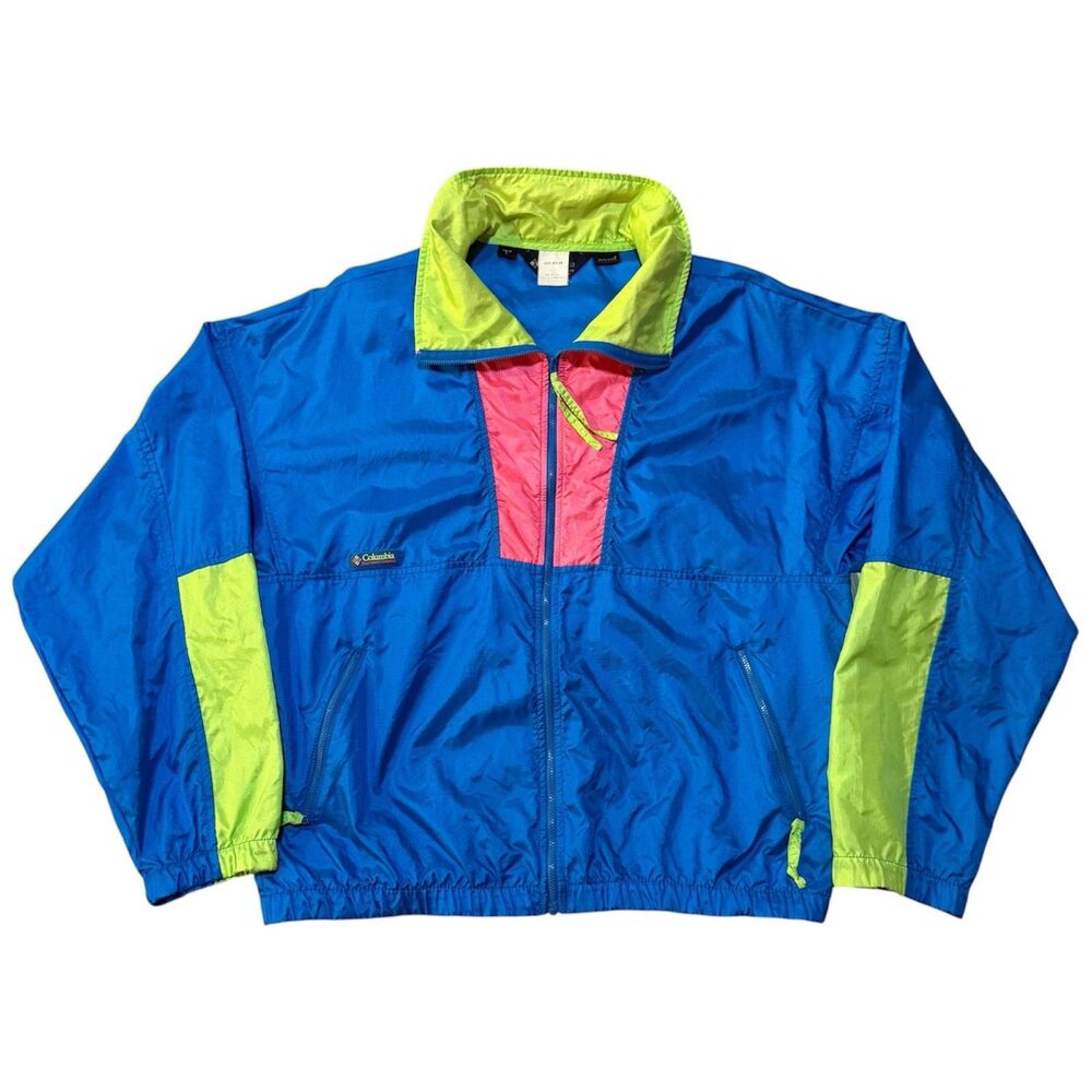 Vintage 90s COLUMBIA Nylon Radial Sleeve Jacket Neon Blue Pink Green Men's Large